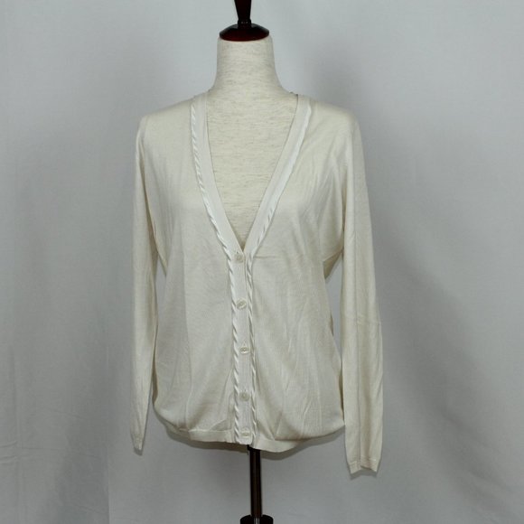 NWOT Ann Taylor Cream Cardigan Sweater w/Satin Detail Size L - Picture 3 of 5